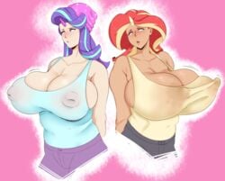 2girls banana_breasts big_nipples bimbo blue_eyes blush breast_jiggle breasts brown_nipples brown_skin cleavage erect_nipples horn horns human humanized inverted_nipples large_breasts long_hair motion_lines multicolored_hair my_little_pony nipple_bulge no_bra pink_nipples purple_eyes purple_hair red_hair rocket_tits starlight_glimmer sunnysundown sunset_shimmer tight_clothing tight_shirt visible_nipples