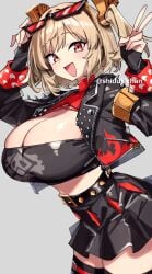 :d black_gloves black_jacket black_skirt black_tube_top blonde_hair blush breasts burnice_white commentary_request cowboy_shot eyewear_on_head female fingerless_gloves gloves grey_background highres jacket large_breasts looking_at_viewer open_mouth red-tinted_eyewear red_eyes shigatsu_shizuki simple_background skirt smile solo spiked_belt spiked_jacket strapless tinted_eyewear tube_top two_side_up v zenless_zone_zero