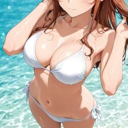2025 ai_generated beach_background belly brown_hair_female closed_mouth closed_mouth_smile female hand_on_hair hand_on_head instagram looking_at_viewer meta mouth_closed pink_cheeks smile_at_viewer smiling_at_viewer ten01c tummy unknown_character wet_bikini wet_body wet_hair wet_skin white_bikini