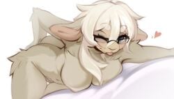 anthro big_breasts blep blue_eyes bovid breasts bulochka caprine ewe female fur heart hi_res looking_at_viewer mammal nude nude_female one_eye_closed pinup pose sheep simple_background solo tan_body tan_fur thigh_gap tongue tongue_out white_hair wilma_the_sheep