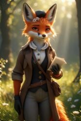 adorable, adventure adventure, animal animal, animated, anthropomorphic, art, background, bag, beauty, cartoon character character, charming, clothing, colors, craftsmanship, creative, cute cute, design, digital elegance, elegant enchanting, explorer fantasy fantasy, female filtering, flora, flower forest forest, fox fox, gloves, golden greenery, hair, holding hour, illustration, in leather leisure, letter, lighting, magical, nature nature, nature-inspired, outdoors, outfit, peaceful, rays, reading scene, serene, setting, soft storybook storytelling, style, stylish sunlight sunlight, theme, tranquility_girl, trees, vintage warm whimsical, whiteblackgod woodland,