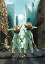 absurd_res ass building butt_focus car city colored digital_drawing_(artwork) digital_media_(artwork) duo feet female glistening glistening_body goblin green_body green_skin greenbuncafe halberd hand_holding hi_res holding_object holding_weapon humanoid male male/female mammal melee_weapon nude outside pointy_ears polearm post-apocalyptic rear_view ruins shaded short_stack signature sky skyscraper sword vehicle weapon