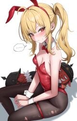 ... 1girls absurdres animal_ears black_pantyhose blonde_hair bow bowtie breasts cleavage detached_collar fake_animal_ears female highres icetea_art leotard long_hair looking_at_viewer luciana_de_montefio lucy's_crew_(zenless_zone_zero) pantyhose playboy_bunny rabbit_ears red_bow red_bowtie red_eyes red_leotard side_ponytail sitting small_breasts solo spoken_ellipsis torn_clothes torn_pantyhose zenless_zone_zero