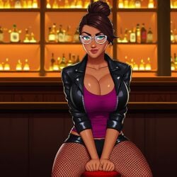 1girls ai_generated arcane bar_(place) bar_background bar_counter bar_stool big_breasts big_breasts black_jacket breasts breasts brown_hair brown_skin busty busty_female cleavage female female female_focus female_only fishnet_clothing fishnet_legwear fishnet_stockings fishnets glasses jacket large_boobs large_breasts league_of_legends leather leather_jacket looking_at_viewer short_hair sitting sitting_on_stool sky_young smirk solo solo_female solo_focus stool