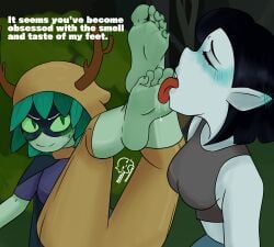 2girls absurdres adventure_time barefoot blush blush dialogue ear_blush feet feet_together feet_up female_focus female_only foot_fetish foot_focus foot_lick foot_licking foot_worship girl_on_girl green_skin grey_skin highres huntress_wizard licking_foot loving_it mananif marceline marceline_abadeer marceline_the_vampire_queen presenting_feet saliva saliva_on_foot showing_feet soles soles_fetish toes tongue_on_foot tounge_out vampire vampire_girl yuri