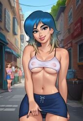 1girls 2d 2d_(artwork) ai_generated bench blue_hair breasts cameltoe civitai cleavage digital_drawing_(artwork) earrings eve_(summertime_saga) female female_focus female_only kiwimike light-skinned_female light_skin looking_at_viewer medium_breasts nipples nipples_visible_through_clothing outdoors outside panties pussy pussy_lips pussy_peek see-through see-through_clothing see-through_top skirt skirt_lift skirt_up standing summertime_saga tank_top tease teasing teenage_girl teenager underwear upskirt vagina