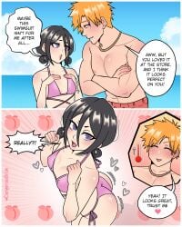 1boy 1girls beach bikini black_hair bleach blush dangerousbride dialogue english_text female heart heavy_blush ichigo_kurosaki kuchiki_rukia male orange_eyes orange_hair purple_eyes speech_bubble very_high_resolution wholesome