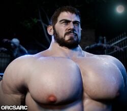 3d 3d_(artwork) beard big_breasts big_pecs chris_redfield gay male male_only muscular muscular_male orcsarc resident_evil solo solo_focus solo_male