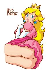 1girls ass blonde_hair blue_eyes breasts crown dress earrings eyelashes female female_only fully_clothed hair human lewddoodlez lipstick long_hair looking_at_viewer lying mario_(series) medium_breasts nintendo nude on_side pink pink_dress princess princess_peach pussy royal simple_background solo super_princess_peach thick_thighs video_games white_background wide_hips