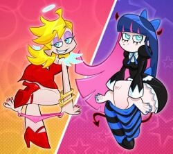 2girls angel_wings blonde_hair blue_eyes blue_hair curvy devil_horns devil_tail female halo light-skinned_female light_skin panty_&_stocking_with_garterbelt panty_anarchy removing_panties removing_stockings sisters snappysart stocking_anarchy
