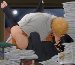 2boys anal anal_sex anal_sex background black_hair black_shirt blonde_hair blush blush blush_lines book boruto:_naruto_next_generations boy cape desk feet feet_up gay gay_anal gay_domination gay_male gay_sex head_grab implied_anal implied_penetration implied_sex kiss_on_lips kissing kissing male male/male male_focus male_only male_penetrated male_penetrating male_penetrating_male medium_hair missionary missionary_position moon naruto naruto_(series) nekido night night_sky office office_sex orange_shirt paper sandals sasuke_uchiha sensual spiky_hair straight_hair sweat sweatdrop sweating sweaty uzumaki_naruto window yaoi