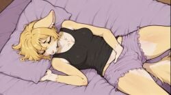 blonde_hair dog_ears dog_girl dog_tail eyes_closed female fully_clothed furry green_eyes hand_in_panties hand_under_clothes laying_on_bed masturbation my_fluffy_neighbor short_hair shorts slim_waist small_breasts thighs yellow_fur