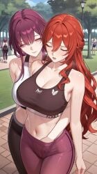 2girls ai_generated background background_character bangs bare_shoulders big_breasts breasts cleavage closed_eyes clothed clothed_female clothing collarbone commentary_request curvy dominant dominant_female female female_focus female_only fingering fingering_from_behind fingering_partner hair_between_eyes hand_in_pants himeko_(honkai:_star_rail) hips honkai:_star_rail honkai_(series) hoyoverse kafka_(honkai:_star_rail) large_breasts leggings lesbian_couple lia_the_busty_redhead long_hair looking_at_partner looking_pleasured magenta_eyes magenta_hair masturbation mature_female midriff mihoyo moaning mommy navel open_mouth orgasm outdoors outside park public public_masturbation red_hair self_upload smile smug_face sports_bra standing standing_masturbation submissive submissive_female sweat sweatdrop tagme thighs tied_hair tree wavy_hair wide_hips yoga_pants yuri