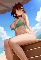 1girls 2d ai_generated ass ayase_momo barefeet big_ass big_breasts bikini breasts dandadan earrings erophoenix feet female female_focus full_body looking_at_viewer looking_back nude pale_skinned_female patreon_username smile soles solo solo_female sweat swimsuit thick thick_thighs toes uncensored
