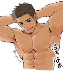 2d 2d_(artwork) 2d_artwork abs artist_name artist_signature black_text blush_lines bodybuilder brown_hair chest exercising eyes_open four_pack gay gay_male hands_behind_head high_resolution highres japanese_text male male_only muscular muscular_male navel nipples no_background no_sex open_mouth original original_character pecs pectorals pink_areola pink_nipples saboteng shiny_skin shirtless shirtless_male short_hair solo solo_focus solo_male spiky_hair stubble thick_eyebrows tongue torso training white_background yaoi