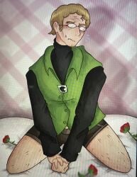 boxers embarrassed gijinka humanized older_male on_bed on_knees roses steve_cobs