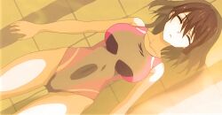10s 1girls 2017 animated breasts closed_eyes competition_swimsuit female female floating floating_hair ikoma_yui lying one-piece_swimsuit pool short_hair straight swimsuit tagme toriko_no_(series) toriko_no_kusari urushibata_takeshi water wet