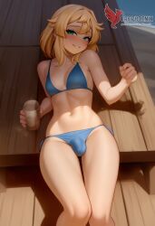 1boy 2d ai_generated ass bangs barefeet big_ass bikini blonde_hair bulge erection erection_under_clothes erophoenix feet full_body green_eyes looking_at_viewer looking_back male male_focus navel nude otoko_no_ko pale_skinned_male patreon_username penis sitting smile soles solo solo_male sweat swimsuit thick thick_thighs toes uncensored