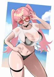 1girls alternate_costume beach bikini black_bikini black_choker black_thighlet breasts choker cleavage female fire_emblem fire_emblem:_three_houses highres hilda_valentine_goneril jewelry large_breasts long_hair looking_at_viewer navel nintendo ocean one_eye_closed open_mouth outdoors pink-tinted_eyewear pink_eyes pink_hair see-through_clothes see-through_shirt shirt short_sleeves skindentation smile solo stomach sunglasses swimsuit teeth thighlet thighs tinted_eyewear twintails water white_shirt zet_(twt_zet)