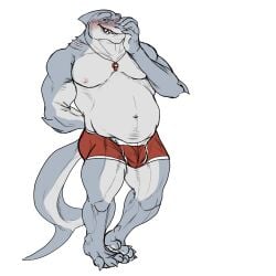 ambiguous_gender angeliclust anthro blush blushing_profusely bulge fish gills lifeguard lifeguard_swimsuit male marine musclegut muscular muscular_anthro muscular_male neck_gills shark shark_fin shark_tail shark_teeth smile solo_focus thick_feet thick_neck thick_thighs whistle_(object) whistle_around_neck