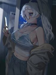 1girls bare_shoulders black_bra black_choker black_nails blue_eyes blunt_bangs bra bra_visible_through_clothes breasts camisole choker cleavage commentary female fingernails grey_pajamas highres holding holding_phone large_breasts looking_at_phone meg_(wakamepiza) mole mole_on_arm nail_polish navel off_shoulder original pajamas phone rain round_eyewear shirt short_bangs short_eyebrows solo spaghetti_strap symbol-only_commentary taking_shelter thick_eyebrows thick_eyelashes underwear wakamepiza water_drop wet wet_clothes wet_hair wet_shirt white_camisole white_hair yellow-framed_eyewear