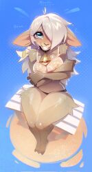 ann_the_sheep anthro barefoot bell bell_collar biped blue_background bodily_fluids bovid breasts caprine clothed clothed_anthro clothed_female clothing collar digital_drawing_(artwork) digital_media_(artwork) ewe feet female female_anthro grin hi_res high-angle_view horizontal_pupils mammal nipples pupils sheep simple_background sitting smile sweat sweatdrop ulitochka underwear white_hair