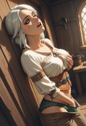ai_generated breast_grab cd_projekt_red ciri clothing female green_eyes hand_in_panties hand_on_breast light-skinned_female looking_at_viewer mascara masturbation panties scar solo solo_female standing_masturbation the_witcher_(series) the_witcher_3:_wild_hunt upandatom white_hair