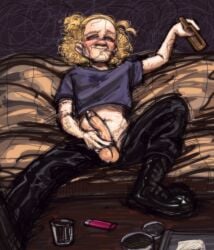 ahoge alcohol balls beard bedroom_eyes blonde_hair blonde_hair_male blonde_pubic_hair boots couch crop_top curly_hair drooling drugs drunk facial_hair half_updo happy_trail holding_object holding_penis horst(ratatouille) intoxicated large_penis legs_spread long_hair_male looking_at_viewer male male_only marijuana moustache pants penis penis_piercing presenting_penis prince_albert_piercing pubic_hair ratatouille red_sclera sitting smile smoking solo_focus solo_male stained_clothes sweat sweaty_balls t-shirt