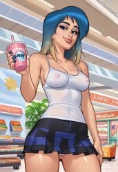 1girls 2d 2d_(artwork) ai_generated bench blue_hair breasts bubble_tea cameltoe civitai cleavage digital_drawing_(artwork) earrings eve_(summertime_saga) female female_focus female_only kiwimike light-skinned_female light_skin looking_at_viewer medium_breasts nipples nipples_visible_through_clothing outdoors outside panties pussy pussy_lips pussy_peek see-through see-through_clothing see-through_top skirt standing summertime_saga tank_top tease teasing teenage_girl teenager underwear upskirt vagina