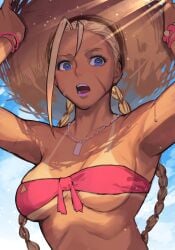 bikini blonde_hair blue_eyes braided_twintails cammy_white capcom click_burgundy face_scar fit fit_female hungry_clicker light-skinned_female light_skin pink_bikini straw_hat street_fighter swimsuit tan tanline upper_body