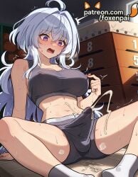 1futa 2025 ai_generated artist_name big_breasts big_breasts big_chest blush breasts breasts breasts bulge bust busty chest cum ejaculation fate_(series) foxenpai futanari hi_res high_quality high_resolution highres large_breasts long_hair merlin_(fate/prototype) open_mouth patreon patreon_username purple_eyes socks solo stable_diffusion sweat trembling watermark
