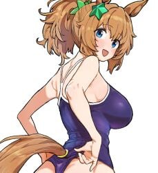 1girls adjusting_swimsuit big_breasts blue_eyes blush brown_hair female female_only hair_ornament hairclip horse_ears horse_girl horse_tail kemonomimi light_brown_hair looking_at_viewer looking_back one-piece_swimsuit ponytail school_swimsuit sideboob smile star_hair_ornament swimsuit taiki_shuttle_(umamusume) umamusume umamusume_pretty_derby