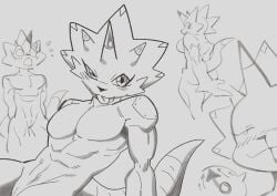 abs animal_genitalia anthro ass bandai_namco betelgammamon blep blush carnesofrita digimon digimon_(species) flirting genital_slit genitals horn looking_at_viewer male multiple_scenes nude pecs scalie smile solo tongue tongue_out
