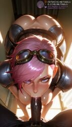 1boy 1girls :>= ai_generated all_fours arcane armor ass asymmetrical_hair belt blue_eyes blush breasts dark-skinned_female dark-skinned_male dark_penis dark_skin erection eyebrow_cut eyebrow_piercing fellatio female from_above goggles goggles_on_head interracial large_breasts large_penis league_of_legends lips looking_at_viewer looking_up male medium_breasts meitabuu nipples nose nose_piercing oral pauldrons penis piercing pink_hair pov pov_crotch riot_games saliva scar shiny_skin short_hair shoulder_armor sidecutvi solo_focus straight sweat uncensored undercut veins veiny_penis very_dark_skin vi
