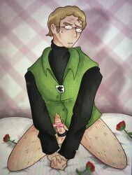 blush cock_ring embarrassed gijinka humanized older_male on_bed on_knees penis ribbon steve_cobs