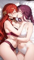 2girls adult ai_generated bed belly_button big_breasts blush bra breasts choker closed_eyes commentary_request couple earrings female female_focus female_only hair_ornament hand_on_waist hands_behind_head himeko_(honkai:_star_rail) homosexual honkai:_star_rail honkai_(series) hoyoverse kafka_(honkai:_star_rail) kissing lace lace_trim large_breasts laying_on_bed laying_on_side lesbian_couple lesbian_kiss lia_the_busty_redhead lingerie long_hair love magenta_hair mature_female midriff mihoyo navel panties pillow red_hair romantic romantic_couple self_upload sunglasses tagme thighs tied_hair underwear wavy_hair white_bra white_panties yuri yuri yuri
