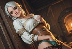 ai_generated breast_grab cd_projekt_red ciri clothing female green_eyes hand_in_panties hand_on_breast light-skinned_female looking_at_viewer mascara masturbation panties scar solo solo_female standing_masturbation the_witcher_(series) the_witcher_3:_wild_hunt upandatom white_hair