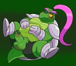 anthro armor balls belly blush clothing deltarune erection genitals gerson gerson_boom green_body grin hair hi_res long_hair lying male male_only mature_male on_back overweight penis pink_hair ponytail reptile scalie sinribbons smile solo teeth torn_clothing turtle unconvincing_armor undertale_(series) vein veiny_penis yellow_sclera yellow_teeth