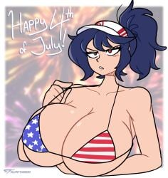 1girls 4th_of_july american_flag_bikini artist_logo artist_name big_breasts bikini bikini_strings bikini_top blue_hair breasts brown_eyes female fireworks fourth_of_july heterochromia holding_breasts huge_breasts miranda_(silenttandem) oc original_character ponytail red_eye silenttandem text usa_bikini visor visor_cap