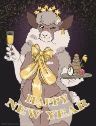 5_fingers alcohol anthro beverage bovid breasts caprine champagne ear_piercing ear_tag elderly_anthro elderly_female english_text female fingers fur gift_wrapped grey_body grey_fur hi_res holidays humanoid_hands kantachibli mammal michelle_(kantachibli) multicolored_body multicolored_fur navel new_year nipples one_eye_closed piercing sagging_breasts sheep smile solo standing stretch_marks text two_tone_body two_tone_fur url white_body white_fur white_wool wink wool_(fur)