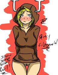 animal_humanoid anthro antlers ass blonde_hair blue_eyes blush bottomless breasts cartoon_network clothed clothing fairy female freckles genitals hair hands_behind_back hoodie horn humanoid inuyuru looking_at_viewer mammal mammal_humanoid penny_fitzgerald penny_fitzgerald_(peanut) pussy simple_background solo standing the_amazing_world_of_gumball the_amazing_world_of_gumball_(human) thick_thighs topwear wide_hips