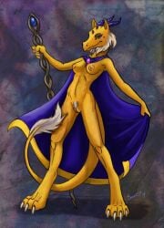 anthro areola breasts caribou_(artist) cheek_tuft claws cloak cloak_only clothing crotch_tuft digitigrade dragon dragon_tail facial_tuft female fingers genitals gold_body hair head_spikes holding_object horn looking_at_viewer magic_staff mostly_nude mostly_nude_anthro mostly_nude_female mythological_creature mythological_scalie mythology nipples non-mammal_breasts non-mammal_nipples purple_eyes pussy scalie simple_background smile solo spikes spikes_(anatomy) staff tachyion_(defenbaugh_bahumot) tail tail_tuft tuft vulva