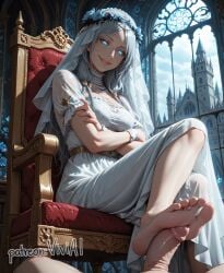 1boy 1boy1girl 1girls ai_generated blue_eyes elden_ring_nightreign feet feet_up female foot_fetish foot_focus footjob penis revenant_(nightreign) soles tagme toes viviai white_hair