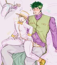 2boys clothed diamond_is_unbreakable dry_humping earrings erection erection_under_clothes gay green_eyes green_hair headband headgear heaven's_door jojo's_bizarre_adventure lap_sitting male male_only purin698 reverse_cowgirl_position rohan_kishibe rubbing sitting_on_lap stand_(jjba) standcest yaoi