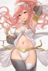 1girls armpit bare_midriff bare_shoulders belly blush blushing breasts dancer dancer_outfit female female_only fire_emblem fire_emblem_awakening fire_emblem_heroes hand_behind_head hand_in_hair haru_(nakajou-28) harunn2288 human human_only long_hair medium_breasts midriff nintendo olivia_(fire_emblem) petals pink_eyes pink_hair pose posing posing_for_the_viewer sakura_petals side_braid side_braids smile smiling smiling_at_viewer thighs tummy white_background