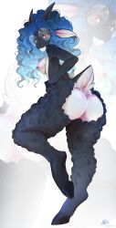 2025 5_fingers absurd_res allatir anthro areola ass blue_hair bovid breasts caprine cloven_hooves digital_media_(artwork) eyewear female fingers fur glasses grey_body grey_fur grey_tail hi_res hooves horn looking_at_viewer looking_back looking_back_at_viewer mammal nipples nude nude_anthro nude_female rear_view red_eyes sheep simple_background smile solo standing tail