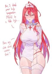 artist_request dialogue elizabeth_rose_bloodflame hololive hololive_english hololive_english_-justice- lingerie nurse nurse_cap nurse_clothing nurse_hat nurse_outfit nurse_uniform red_eyes red_hair sweat sweaty sweaty_body tagme text thermometer