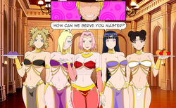 1boy 5girls arabian_clothes belly_dancer blonde_hair blue_eyes clothing deviantart empty_eyes female green_eyes harem harem_outfit hyuuga_hinata ino_yamanaka jimryu male mind_control multiple_girls naruto naruto_shippuden necklace pink_hair sakura_haruno see-through servant slave temari tenten thong tiara uzumaki_naruto watermark white_eyes