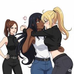 3girls ai_generated angry angry_expression angry_face black_hair blonde_female blonde_hair brown_hair carl_johnson catalina_vialpando grand_theft_auto grand_theft_auto:_san_andreas hugging rule_63 wfyst