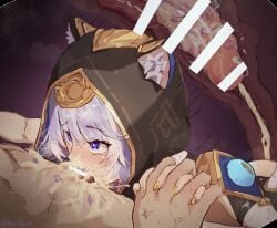 1boy absurdres animal_ears animal_hood black_hood blue_eyes cat_ears cat_hood censored cipher_(honkai:_star_rail) cum cum_in_mouth ears_through_hood fellatio female fingernails heart heart-shaped_pupils heartseck_(artist) highres holding_hands honkai:_star_rail honkai_(series) hood hood_up oral orange_nails penis sex short_hair symbol-shaped_pupils white_hair